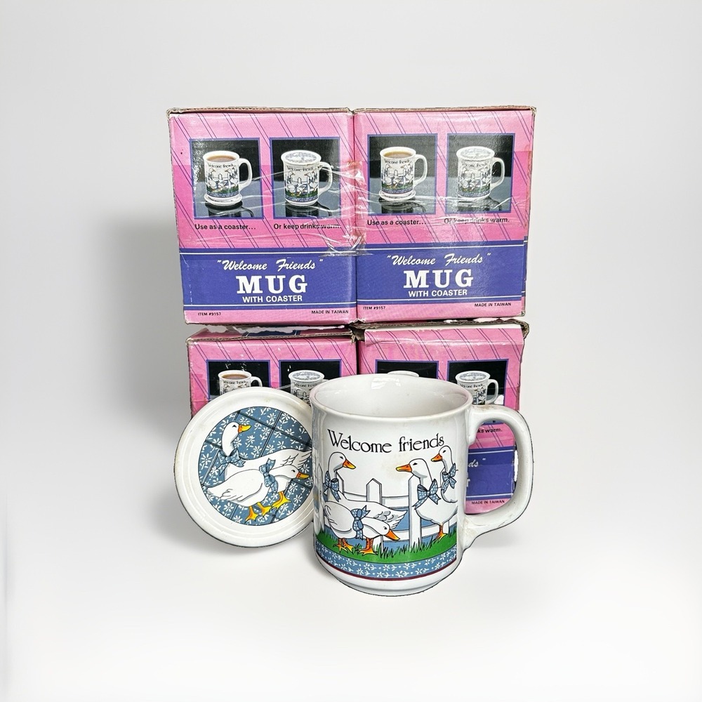 4 Cottage Core Blue Bow Goose Geese Mugs New Inbox With Coaster Lid